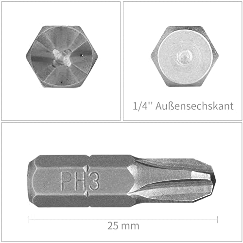 HPHOPE PH3 Screwdriver Bit Set, Phillips #3 Bits 1/4" Hexagon Bit (25 Pack) - size: PH3, 25Pcs, 1"