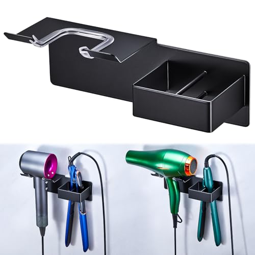 Hair Dryer and Straightener Holder Wall Mounted, Metal Adhesive Hair Tool Organizer for Blow Dryer, Curling Iron, Flat Iron, Bathroom Vanity Salon Barber Shops (Black) - color: Black