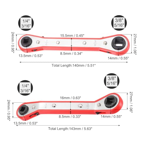 HARFINGTON 2pcs HVAC Service Wrench Set 1/4" 5/16" 3/16" 3/8" 25° 180°Double Head 16-Teeth Air Conditioner Valve Reversible Ratchet Wrench for Refrigeration Equipment Repair, Silver Red - color: Silver Red