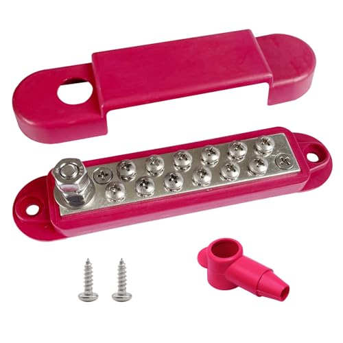 Ampper 1/4" Stud Power Distribution Block Bus Bar with 12 x #8 Screw, Red - color: Red, size: Plated Brass
