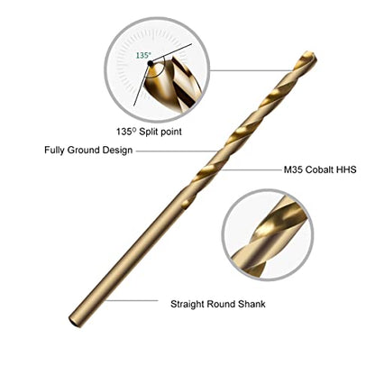 Narwhal 5/64 Inch Cobalt Drill Bits (13 Pack - Industrial Grade M35 Cobalt) 1-7/8" Length & 135 Degree Split Point for Drilling Into Metal, Hardened & Stainless Steel, Cast Iron, & More! - size: 5/64 in