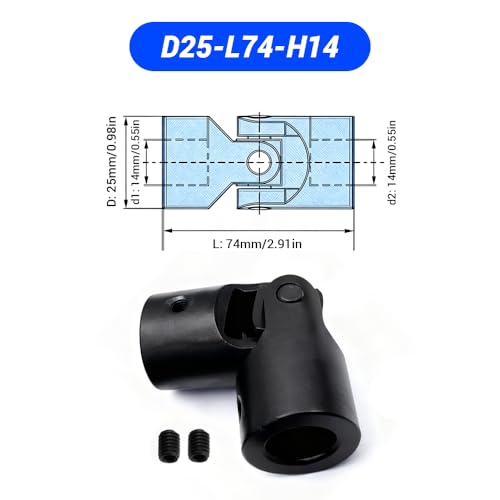 14mm to 14mm Universal Joint Coupling, D25 L74 Carbon Steel Rotatable Steering Shaft U Joint Coupler Motor Connector for DIY Model RC Car Robot - size: D25-L74-H14, style: No Keyway