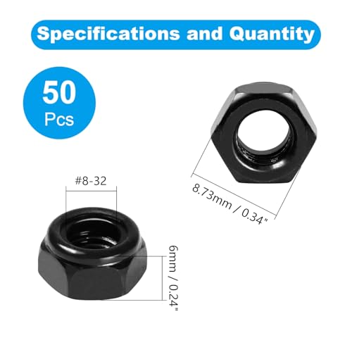 50Pcs #8-32 Nylon Insert Hex Lock Nuts Self-Locking Nut - size: #8-32; 50pcs