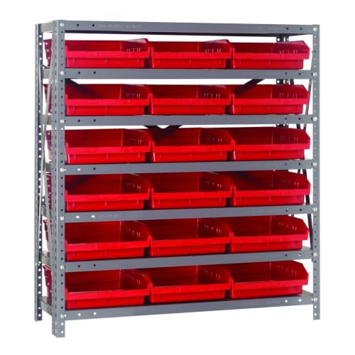 Quantum Storage Systems 1239-109RD Steel Shelving Unit with 4" Shelf Bins, 12" D x 36" W x 39" H, Red - size: 39" H x 36" W x 12" D, style: 12" L x 12" W x 4" H 18 Economy Red Bins