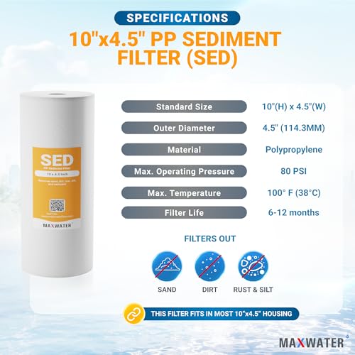Max Water 1 Micron 10 x 4.5 Whole House Sediment Filter Cartridge for Whole House Water Filter Replacement Compatible with DGD-5005, AP810, WFHD13001B, 4-Pack - size: 4, style: 1 Micron