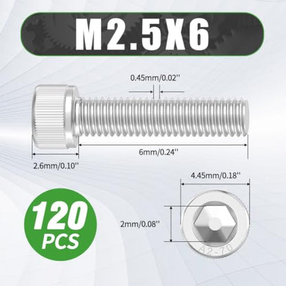 120 Pcs M2.5 x 6mm Button Head Socket Cap Screws - 304 Stainless Steel - size: M2.5x6
