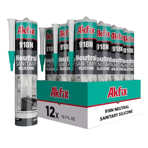 Akfix 918N White 100% Silicone Caulk for Kitchen and Bathroom (12x10.5 fl.oz.) - Solvent-Free, Low Odor, UV & Water Resistant, Fast Curing, Paintable, High Elasticity Silicone Sealant | White, 12 Pack - size: 12 Pack, style: Kitchen&Bath Silicone-White