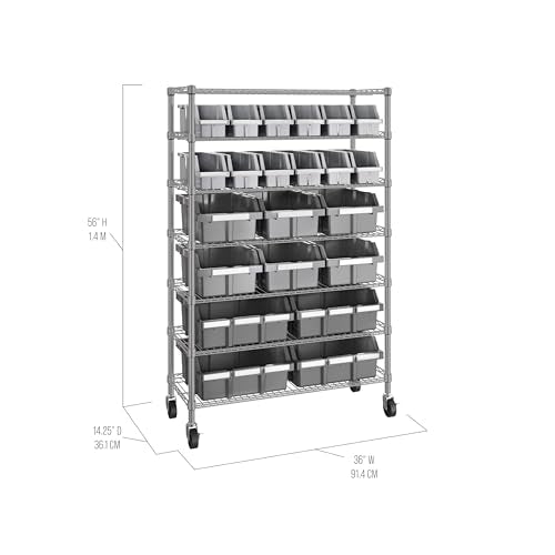 7-Tier NSF 22-Bin Steel Wire Shelving Rack, 36"W x 14"D x 56"H, Gray - color: Gray, size: 22 Bin