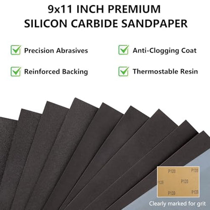 18-Sheet 9 x 11 Inch Sandpaper Assortment, Wet Dry Sand Paper - size: 9 x 11 Inch, style: Mix Grit-18sheets