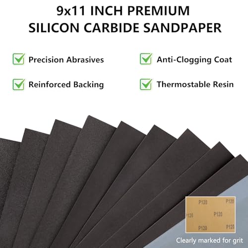 Sandpaper 120 Grit, Wet Dry Sand Paper 9 x 11 Inch - size: 9 x 11 Inch, style: 120Grit