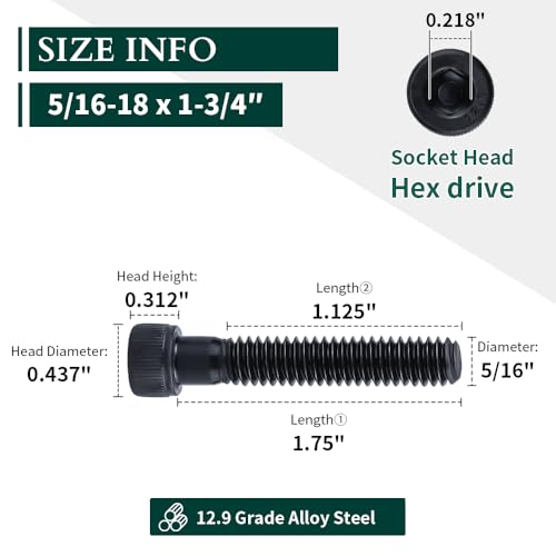 5/16-18 x 1-3/4" Socket Head Cap Screws Bolts, 12.9 Grade Alloy Steel, Black Oxide Finish, Allen Hex Drive, Partial Thread, 10 PCS - size: 5/16-18 x 1-3/4"