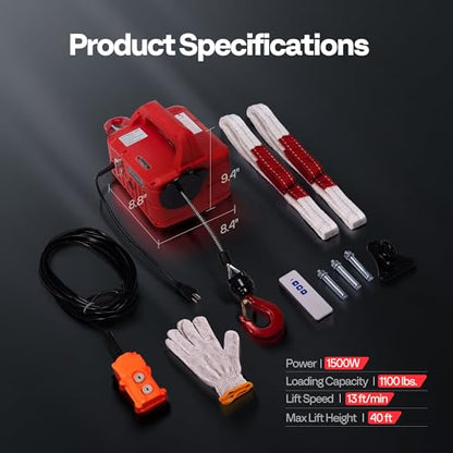 VIVOHOME 3in1 Electric Hoist Winch 1100lbs, 40ft Lifting Height for Towing - color: Ruby