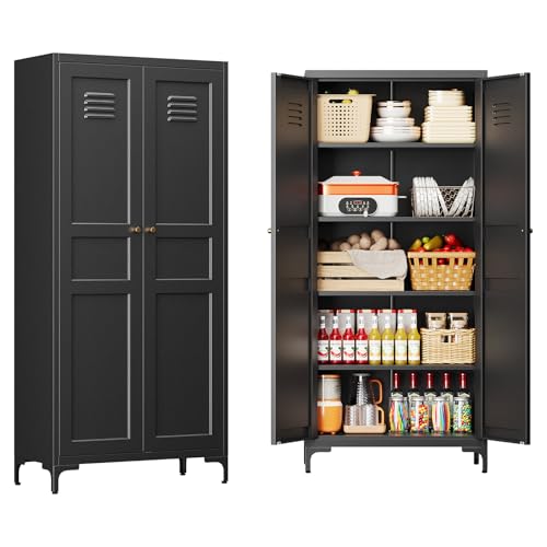 61" Tall Kitchen Pantry Storage Cabinet with 2 Doors and 4 Adjustable Shelve, Metal Black Food Pantry Cabinet, Kitchen Cabinet Storage Unit,5 Tier Freestanding Cupboard for Kitchen Dining/Living Room - color: Black, size: 61"H x 28"W x 14"D-B