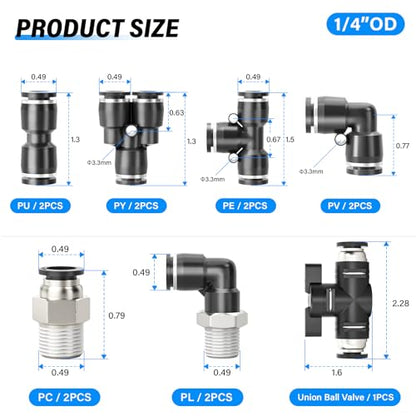 TAILONZ PNEUMATIC 1/4 Inch OD 1/4 Inch NPT Push to Connect Fitting NPT Thread Air Hose Fittings Connection accessory kit（Pack of 13） - size: 1/4"OD 1/4"NPT