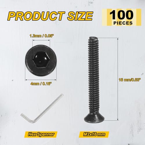 PATIKIL M2x16mm Flat Head Socket Cap Screws Carbon Steel Hex Spanner 100Pcs - size: M2x16 mm