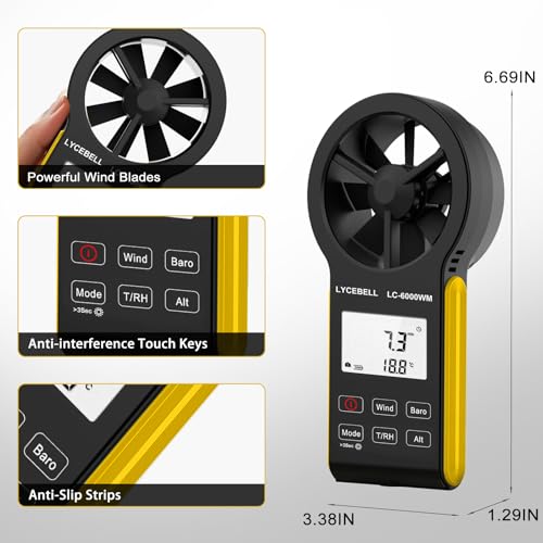 7-in-1 Anemometer Handheld CFM Meter for Wind Speed, Atmospheric Pressure, Wind Chill, Temperature, Humidity, Altitude, Dew Point Temp, Digital Air Flow Wind Gauge HVAC Outdoor Weather Meter