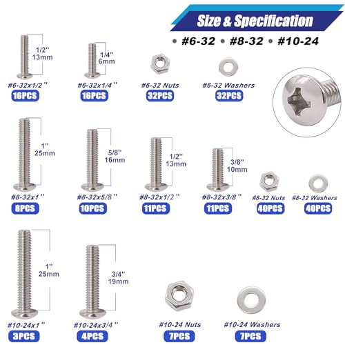 Taiss Machine Screws Nuts and Bolts Assortment Kit,304 Stainless Steel Bolts and Nuts Kit,#6-32#8-32#10-24 8 Sizes Phillips Pan Head Bolt and Nut & Washers,237PCS Machine Screw Assortment - color: SS 237PCS SAE Kit