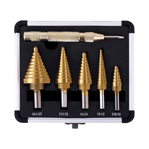 Step Drill Bits, 6PCS (50 Sizes) HSS Step Unibit Drill Bits with Automatic Center Punch, Double Cutting Blades, High-Speed Steel, Multiple Hole Stepped Up Bits for DIY Lovers with Aluminum Case
