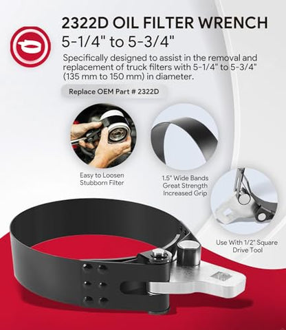 sixcow 2322D Heavy-Duty Oil Filter Wrench, 5-1/4" to 5-3/4", Use with 1/2" Square Drive, Air Dryer Diesel Truck Large Oil Filter Wrench