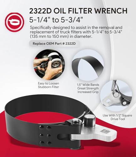 sixcow 2322D Heavy-Duty Oil Filter Wrench, 5-1/4" to 5-3/4", Use with 1/2" Square Drive, Air Dryer Diesel Truck Large Oil Filter Wrench