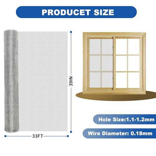 304 Stainless Steel Screen Mesh 39IN x 33FT Roll Metal Window Screen Replacement for Door Patio Pet Vent Porch DIY Projects 0.18mm Wire Diameter Silver - size: 39inx33ft