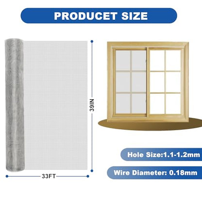 304 Stainless Steel Screen Mesh 39IN x 33FT Roll Metal Window Screen Replacement for Door Patio Pet Vent Porch DIY Projects 0.18mm Wire Diameter Silver - size: 39inx33ft