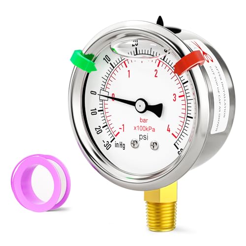 -30inHG-60psi Stainless Steel Glycerin Liquid Filled Vacuum Pressure Gauge 1/4" NPT 2.5" Face Dial Center Lower Mount, for Water, Oil and Air Pressure Testing (with Range Mark Pointer) - size: -30inHG-60Psi