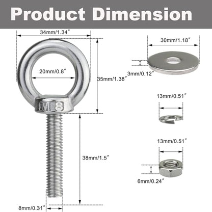 M8 Stainless Steel Eye Bolt with Nuts 4 Pack M8 x 38mm (5/16" x 1.5 inch) - size: M8x38mm (5/16"x1.5")