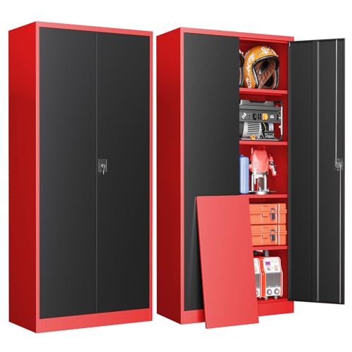 Metal Garage Storage Cabinets with Lock, 72" Tall Tool Cabinet with 2 Door and 4 Adjustable Shelves, Locking Garage Cabinets and Lockable Steel Locker for Home Office Warehouse-(Red Black-72”H) - color: Red Black, size: 72"H