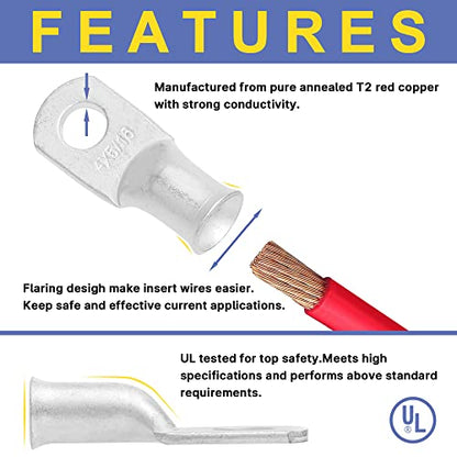 haisstronica 220PCS Tinned Cable Lug & Heat Shrink Kit AWG 8/6/4/2/1 - color: Tinned Copper, size: 220 PCS