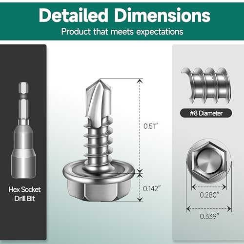100Pcs #8 x 1/2" Sheet Metal Screws, 410 Stainless Steel Self Drilling Hex Washer Head Self Tapping Screws for Metal with Drill Bit - color: Silver, size: #8 x 1/2"