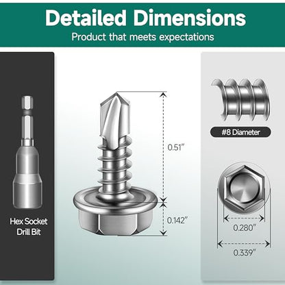 100Pcs #8 x 1/2" Sheet Metal Screws, 410 Stainless Steel Self Drilling Hex Washer Head Self Tapping Screws for Metal with Drill Bit - color: Silver, size: #8 x 1/2"