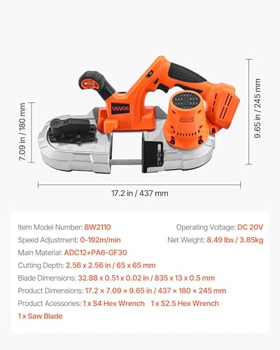 VEVOR 20V Portable Band Saw, 2.56-Inch Deep Cut, 360W Cordless Compact Bandsaw with Brushless Motor, Adjustable Speed, for Cutting Metal, Wood, Compatible with Makita Batteries (Bare Tool Only) - style: 2.56inch Bare Tool only