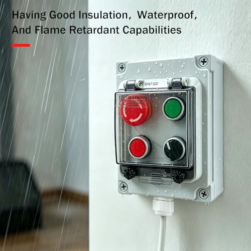 IP67 Efficient Waterproof Emergency Stop Button Box,22mm 4-Buttons Start Stop Control Station, Dustproof Anti-Misoperation Push Button Switch with Cover for Industrial Workshop Outdoor Use - color: Emergency stop/green/2-position knob/red