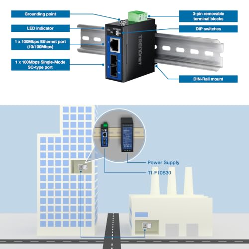 TRENDnet Industrial 100Base-FX Single-Mode SC Fiber Converter, TI-F10S30, - style: 30 KM