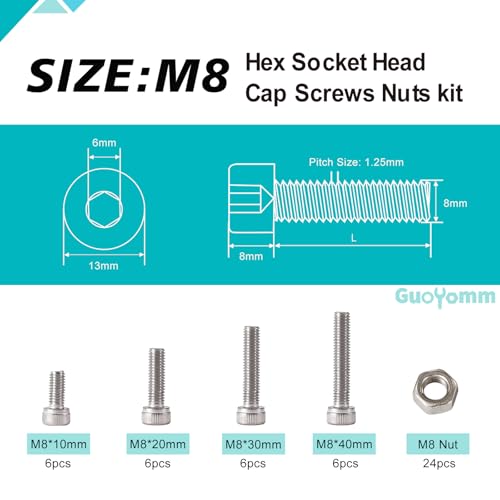 M8 x 10mm 20mm 30mm 40mm Hex Socket Head Cap Screws Bolts and Nuts, Stainless Steel 304, Bright Finish, Metric Allen Drive, Fully Thread, Assortment Kit 48PCS - size: Socket M8x10-40mm+Nuts