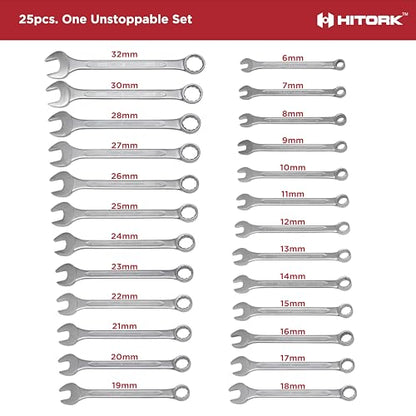 HITORK 25 Piece Metric Combination Wrench Set, 6-32 mm, 12-Point CRV Steel