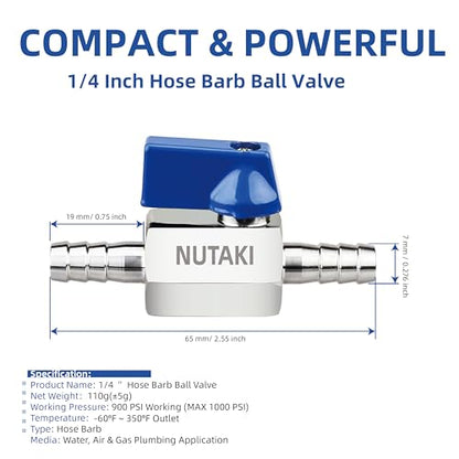 1/4 Inch Barb Ball Valve, Mini 304 Stainless Steel Inline Shut Off Valve for Fuel/Water/Air/Gas Lines, Heavy Duty Hose Barb Fitting with 2 Hose Clamps, 1-Pack - size: 1/4 inch
