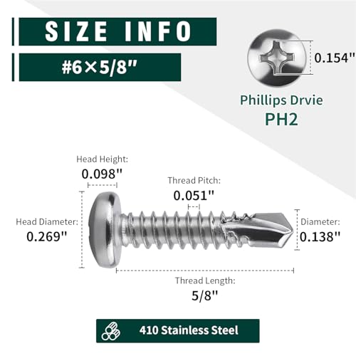 #6 x 5/8" Pan Head Self Drilling Screws, Phillips Drive, 410 Stainless Steel Sheet Metal Screws,Self Tapping, Dovetail, Pack of 100 - size: #6 x 5/8"