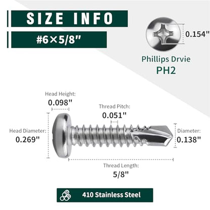 #6 x 5/8" Pan Head Self Drilling Screws, Phillips Drive, 410 Stainless Steel Sheet Metal Screws,Self Tapping, Dovetail, Pack of 100 - size: #6 x 5/8"