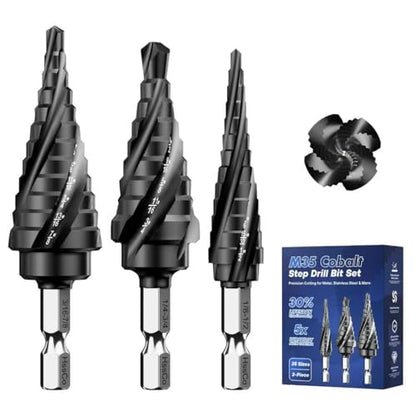 M35 Cobalt Step Drill Bit Set, 3-Piece (1/8" to 7/8"), 4-Spiral Flute with TiAlN Coating, 1/4" Hex Shank Unibit for Stainless Steel, Hard Metal, Aluminum & Plastic - size: 3-Piece (1/8" to 7/8")