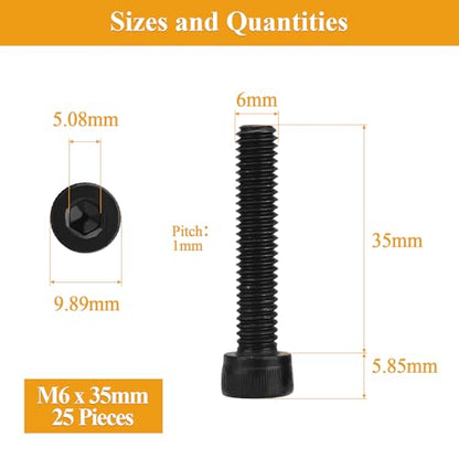 25 Pieces M6 x 35mm Socket Head Cap Screws, Thread Pitch 1.0mm, Sutemribor M6 Black Screws, 12.9 Grade Alloy Steel, Black Oxide Finish, Fully Threaded - size: M6 x 35mm, style: Socket Head