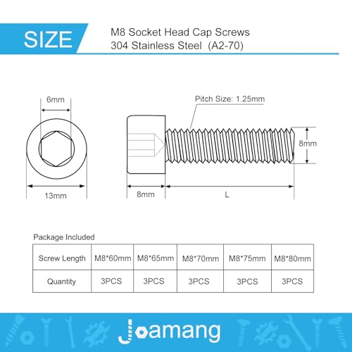 M8 x 60mm 65mm 70mm 75mm 80mm Socket Head Cap Screws Bolts, Stainless Steel 304, Metric Allen Hex Drive, Bright Finish, Fully Threaded, Assortment Kit 15PCS - size: Hex Socket Head M8x60-80mm