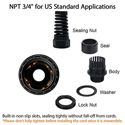 LeMotech 10Pcs NPT 3/4" IP68 Waterproof Cable Gland Flex Spiral Strain Relief Black Nylon Joint with Gaskets for 12.5-18mm Wire Thread - color: Black, size: NPT 3/4" (10-Pack)