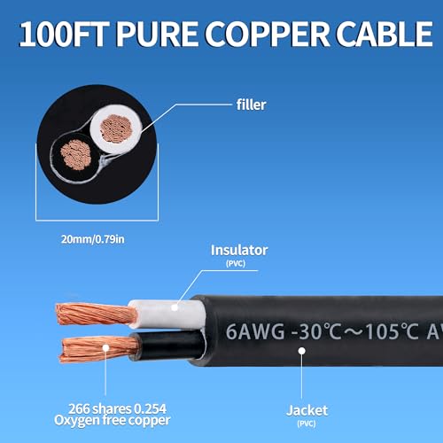 6 Awg 2 Wire Cable 100FT 600V 6 Gauge 2 Conductor Electrical Wire for Motor Leads, Portable Lights, Battery Chargers, Machinery, Large Speakers (6AWG-2C, 100FT) - size: 100FT, style: 6AWG-2C