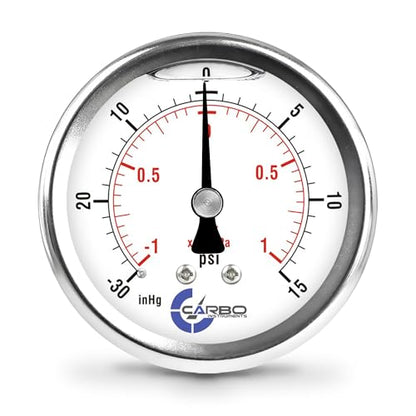 Compound Pressure Gauge -30 inHg to 15 PSI, Liquid Filled, 2.5" Dial, 1/4 NPT Back Mount, 304 Stainless Steel Case, Brass Wetted Parts, PSI/inHg - ASME B40.1 Grade A - size: -30 inHg to 15 PSI, style: STANDARD