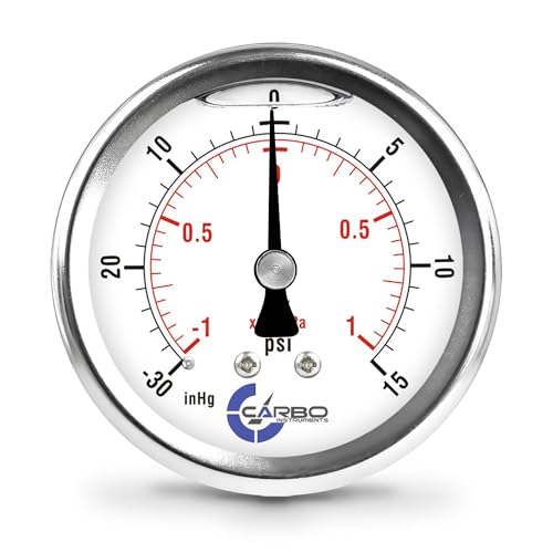 Compound Pressure Gauge -30 inHg to 15 PSI, Liquid Filled, 2.5" Dial, 1/4 NPT Back Mount, 304 Stainless Steel Case, Brass Wetted Parts, PSI/inHg - ASME B40.1 Grade A - size: -30 inHg to 15 PSI, style: STANDARD