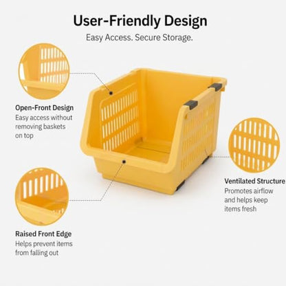 4 Pcs Open Front Stackable Storage Bins, PP Stacking Organizer Baskets with Rolling Wheels, Telescopic Buckles, Nestable, 38.58lbs Load - color: Yellow