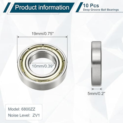 uxcell 10Pcs 6800ZZ Deep Groove Ball Bearings, 10x19x5mm Chrome Steel - size: 6800ZZ (10x19x5mm)