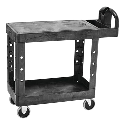 Rubbermaid Commercial Products Heavy Duty 2-Shelf Utility/Service Cart, Small, Flat Shelves, Ergonomic Handle, 500 lbs. Capacity, for Warehouse/Garage/Cleaning/Maintenance - size: Small 2-Shelf, style: Ergonomic Handle